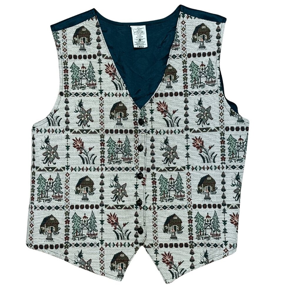 Vintage Embroidered Cottagecore Vest XL | Tapestry Woodland Button Front